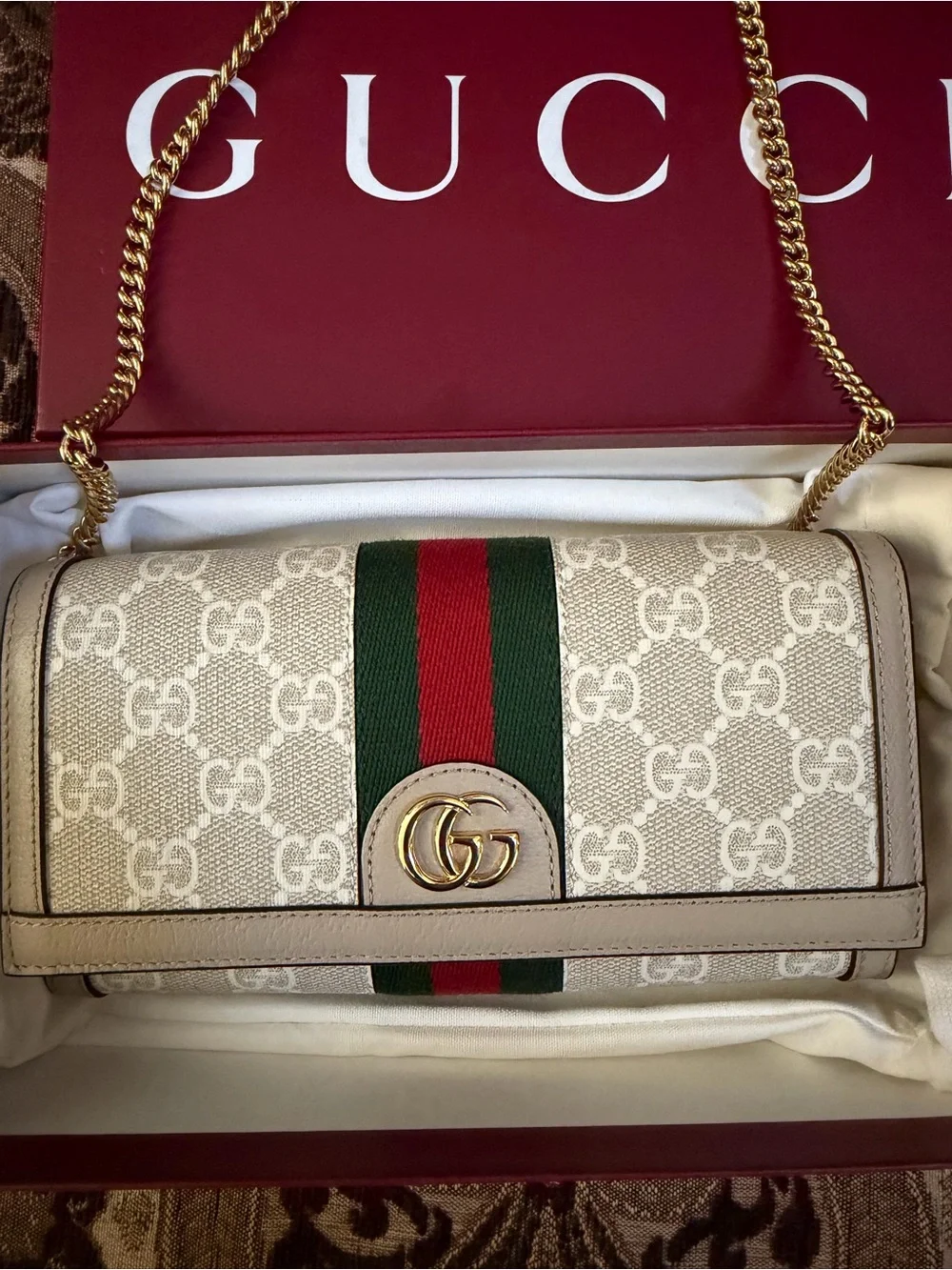 Gucci Orphidia Beige GG Supreme Wallet-On-Chain with Green and Red Web Stripe
